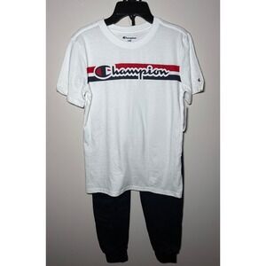 Kids Champion White Large Graphic Logo T Shirt & Navy Jogger Pants Set